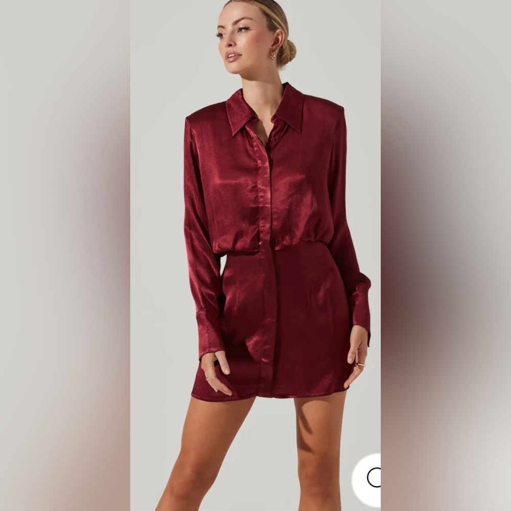 Astr The Label Ruth Burgundy Satin Shirt Dress size small - Picture 4 of 14
